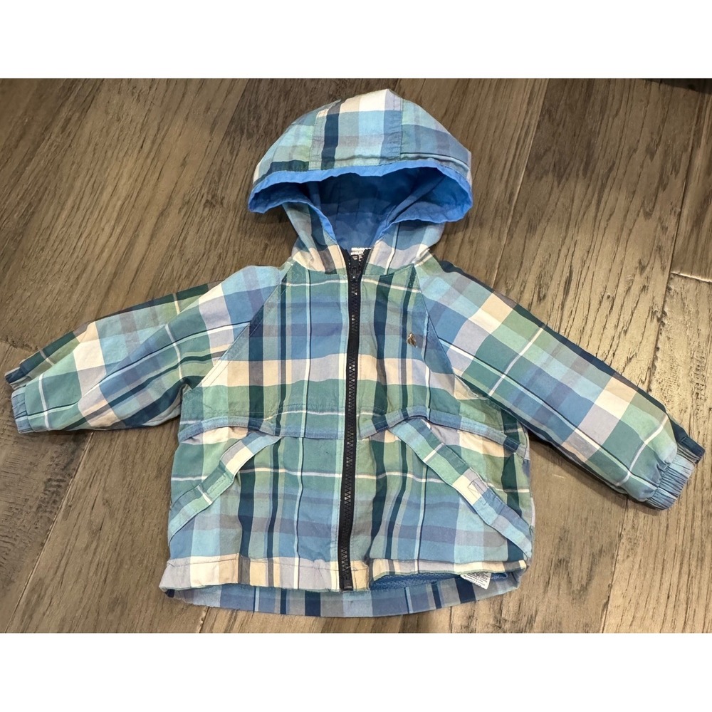 Vintage Baby Gap Bear Logo Plaid Hooded Jacket 12-18 Months Lightweight Blue